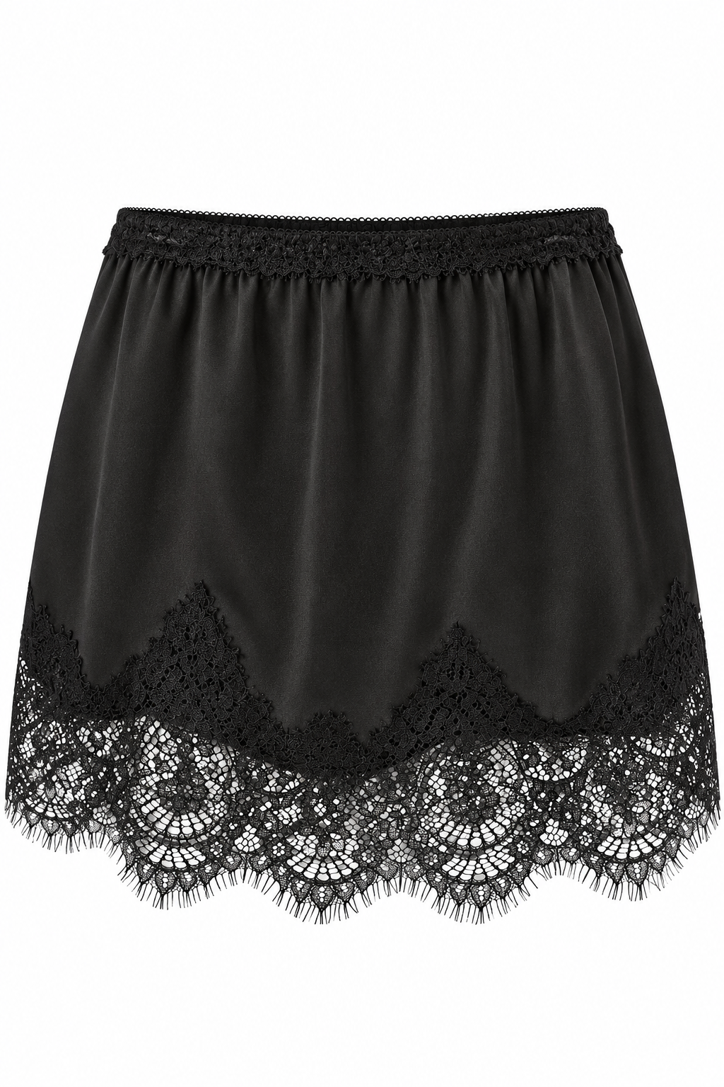 Trestles Clothing Company black satin half slip featuring an intricate eyelash lace hem and elasticated waistband.